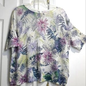 J.Jill Linen Blend Floral short Sleeve Knit White Purple Cropped Top Size XL